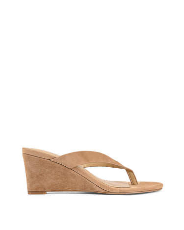 Women's wedge heeled thong in camel tan suede leather