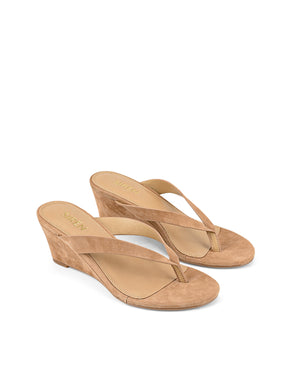 Women's wedge heeled thong in camel tan suede leather