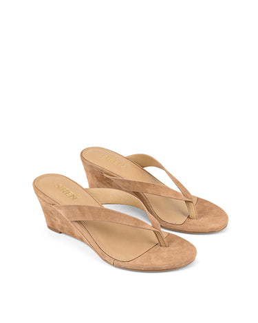 Women's wedge heeled thong in camel tan suede leather