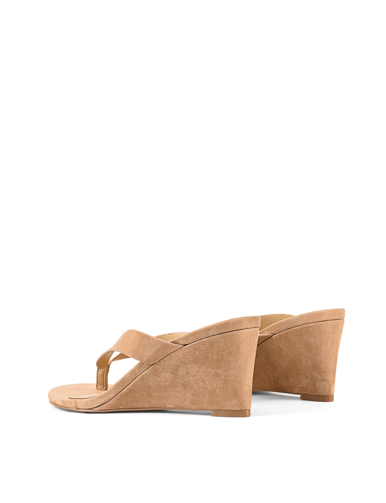 Women's wedge heeled thong in camel tan suede leather
