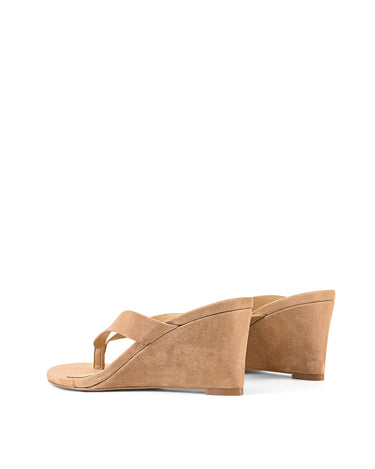 Women's wedge heeled thong in camel tan suede leather