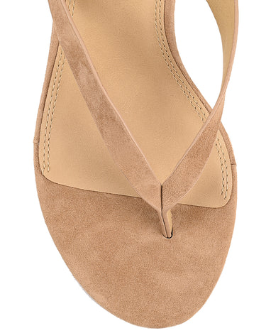 Women's wedge heeled thong in camel tan suede leather