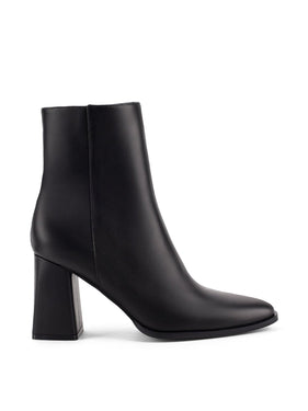 Womens Black leather ankle boot with inner zipper closure and subtle square toe shape