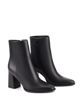 Womens Black leather ankle boot with inner zipper closure and subtle square toe shape