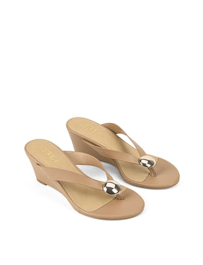 Women's beige tan leather wedge thong sandal with gold accent