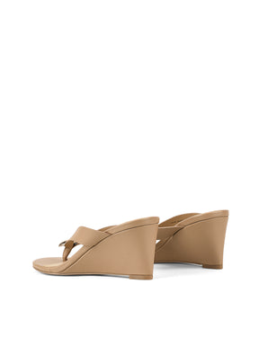 Women's beige tan leather wedge thong sandal with gold accent