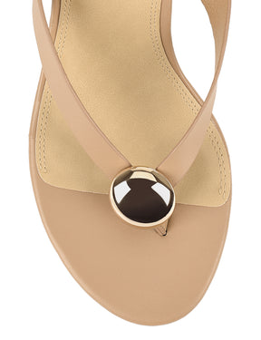 Women's beige tan leather wedge thong sandal with gold accent