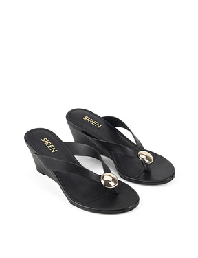 Women's black leather wedge thong sandal with gold accent