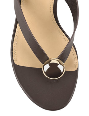 Women's chocolate brown leather wedge thong sandal with gold accent