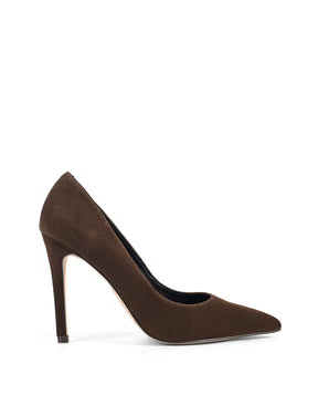 Brown suede high heel court pumps with a pointed toe shape