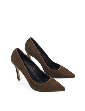 Brown suede high heel court pumps with a pointed toe shape