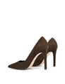 Brown suede high heel court pumps with a pointed toe shape