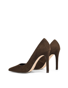 Brown suede high heel court pumps with a pointed toe shape