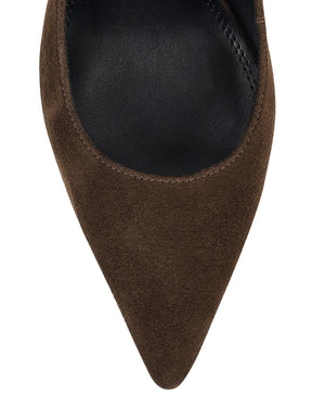 Brown suede high heel court pumps with a pointed toe shape