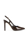 Women's chocolate brown patent leather stiletto heel slingback pump with pointed toe