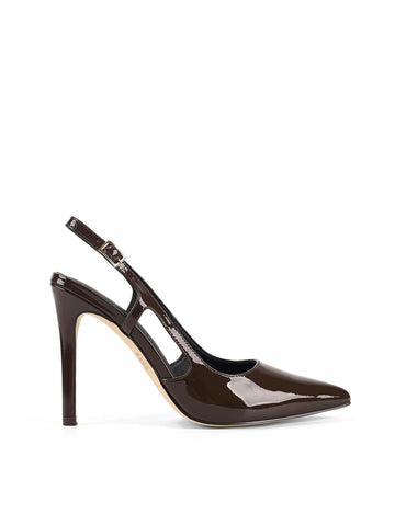Women's chocolate brown patent leather stiletto heel slingback pump with pointed toe