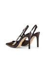 Women's chocolate brown patent leather stiletto heel slingback pump with pointed toe