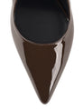 Women's chocolate brown patent leather stiletto heel slingback pump with pointed toe