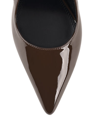 Women's chocolate brown patent leather stiletto heel slingback pump with pointed toe