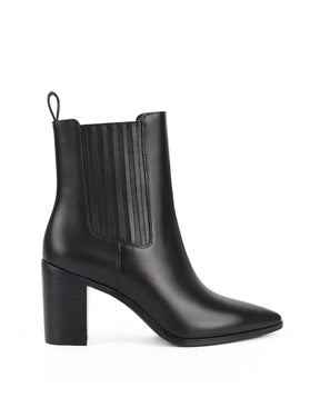 Women's black leather ankle boot with stacked leather heel, pointed toe and elastic gusset