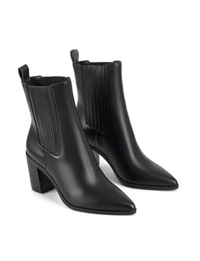 Women's black leather ankle boot with stacked leather heel, pointed toe and elastic gusset
