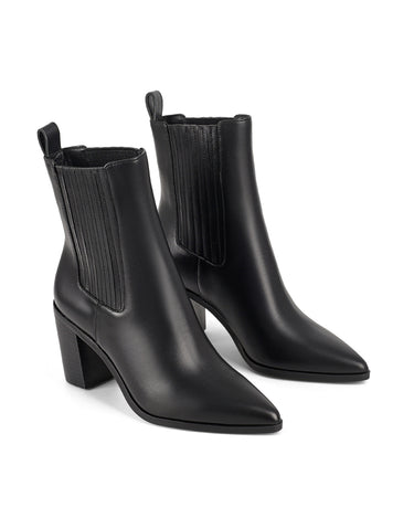Women's black leather ankle boot with stacked leather heel, pointed toe and elastic gusset