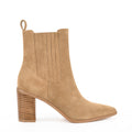 Women's taupe brown suede leather ankle boot with stacked leather heel, pointed toe and finger elastic gusset