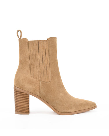 Women's taupe brown suede leather ankle boot with stacked leather heel, pointed toe and finger elastic gusset