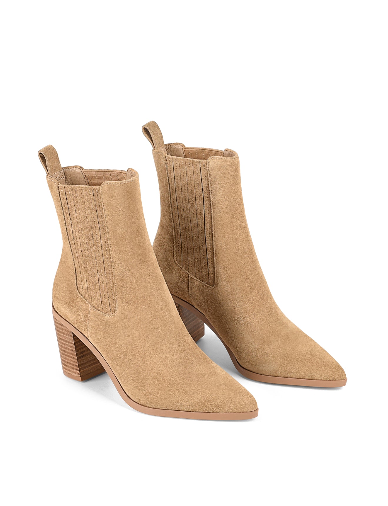 Women's taupe brown suede leather ankle boot with stacked leather heel, pointed toe and finger elastic gusset