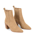 Women's taupe brown suede leather ankle boot with stacked leather heel, pointed toe and finger elastic gusset