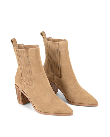 Women's taupe brown suede leather ankle boot with stacked leather heel, pointed toe and finger elastic gusset