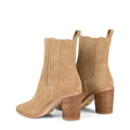 Women's taupe brown suede leather ankle boot with stacked leather heel, pointed toe and finger elastic gusset