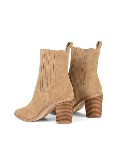 Women's taupe brown suede leather ankle boot with stacked leather heel, pointed toe and finger elastic gusset