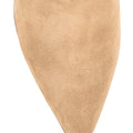 Women's taupe brown suede leather ankle boot with stacked leather heel, pointed toe and finger elastic gusset