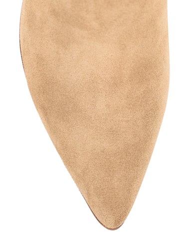 Women's taupe brown suede leather ankle boot with stacked leather heel, pointed toe and finger elastic gusset
