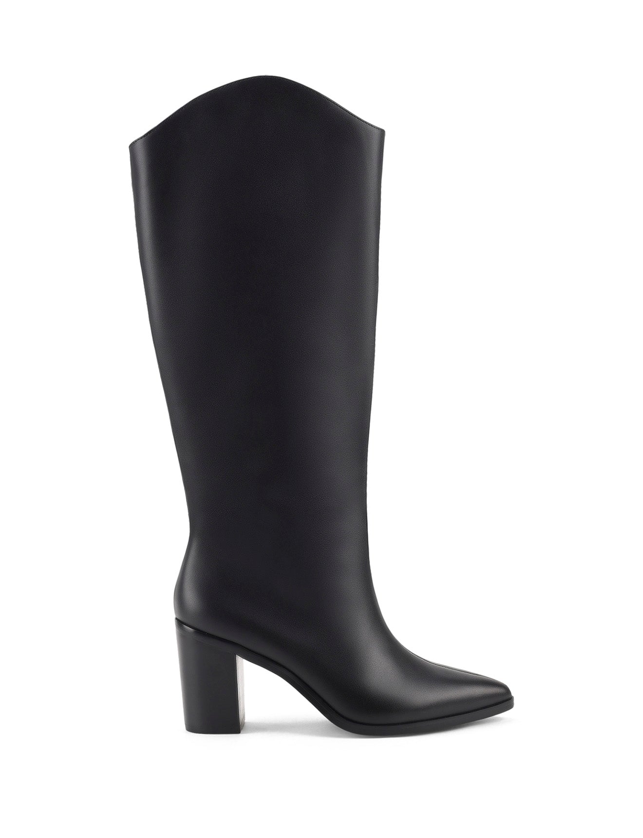 Women's high heel knee high boot with pointed toe and curved upper