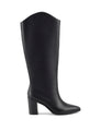 Women's high heel knee high boot with pointed toe and curved upper