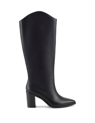 Women's high heel knee high boot with pointed toe and curved upper