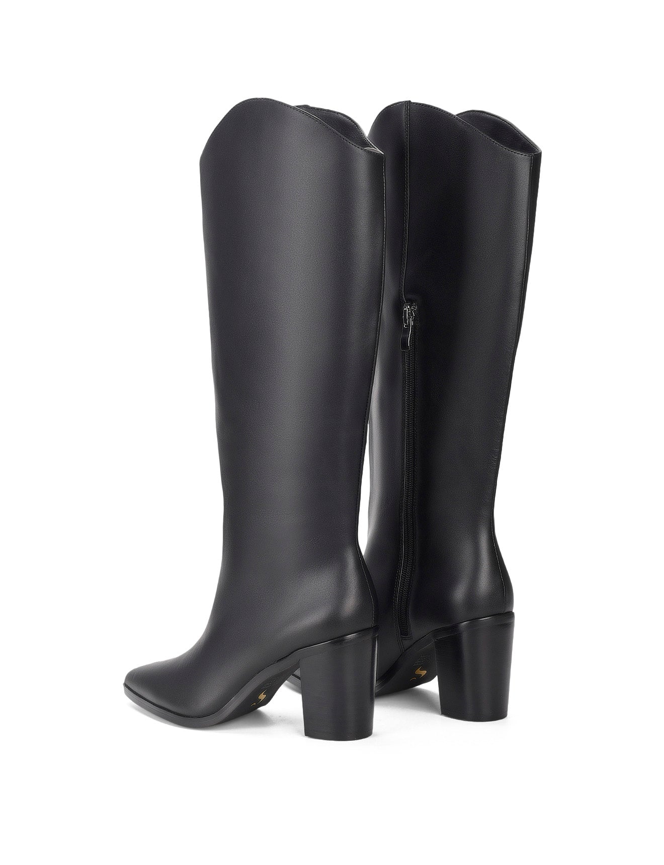 Women's high heel knee high boot with pointed toe and curved upper