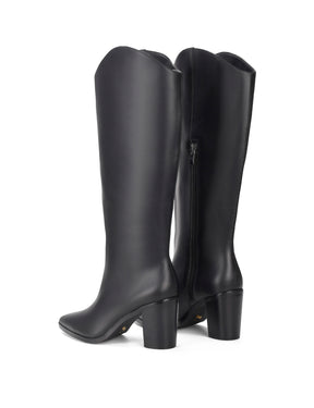 Women's high heel knee high boot with pointed toe and curved upper