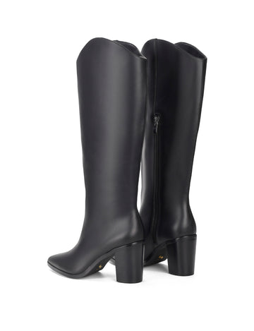 Women's high heel knee high boot with pointed toe and curved upper