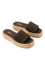 Women's chocolate brown suede and cork platform slides