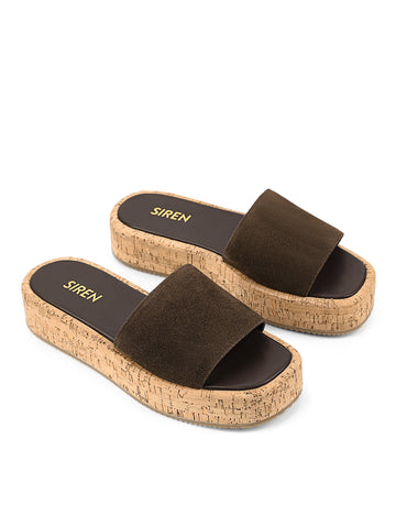 Women's chocolate brown suede and cork platform slides