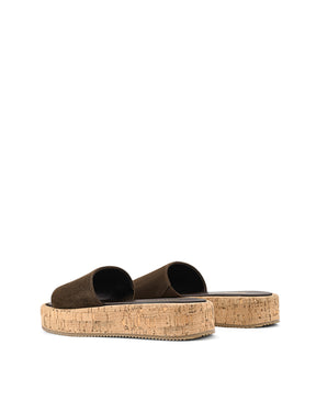 Women's chocolate brown suede and cork platform slides