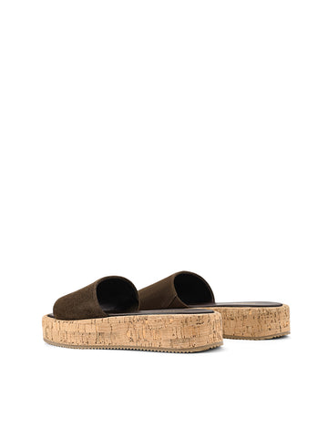 Women's chocolate brown suede and cork platform slides