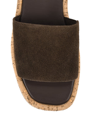 Women's chocolate brown suede and cork platform slides