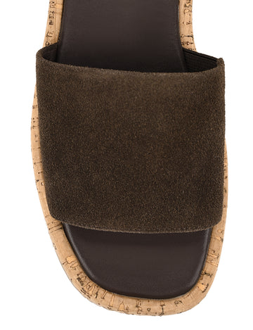 Women's chocolate brown suede and cork platform slides