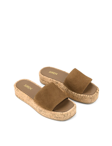 Women's tobacco brown suede and cork platform slides