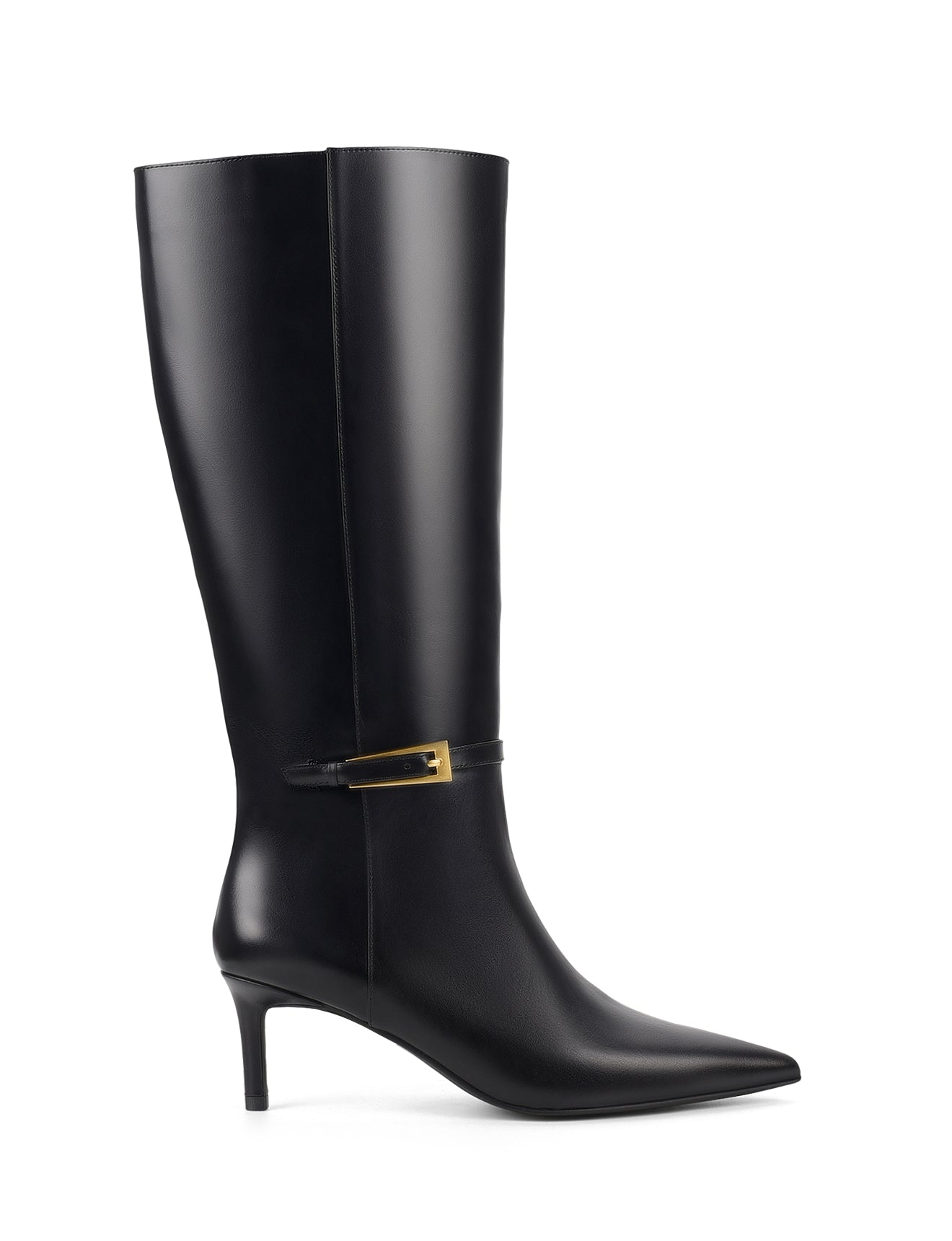 Women's black high shine leather knee high boot with stiletto heel and sharp pointed toe