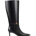 Women's black high shine leather knee high boot with stiletto heel and sharp pointed toe